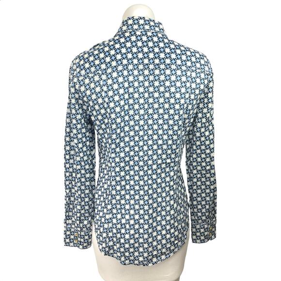 Tory Burch Blue White Printed Cross Pocket Casual Button Down Shirt Top Size 4 - Picture 2 of 4